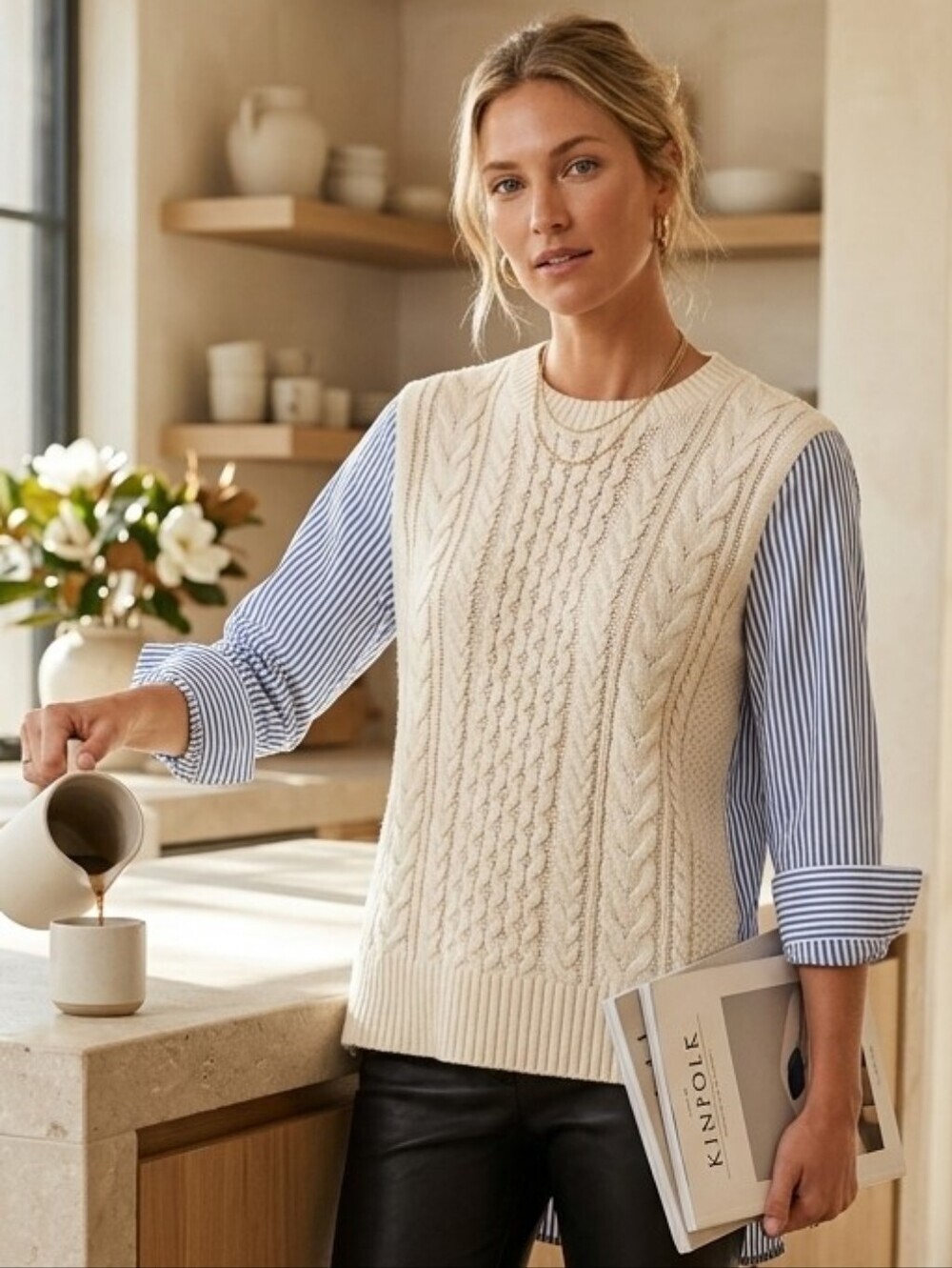 Stitch + Feather Mixed Media Cable Knit Sweater White Women Size Medium